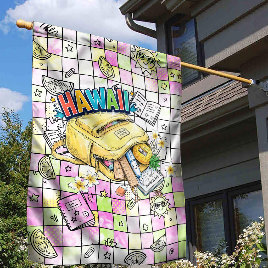 Hawaii Cruising Back To School Garden Flag Grid Pattern With School Bag And Vintage Surf Van TS04 - Polynesian Pride