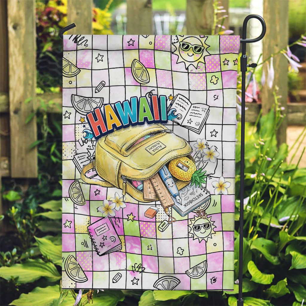 Hawaii Cruising Back To School Garden Flag Grid Pattern With School Bag And Vintage Surf Van TS04 Garden Flag White Yellow - Polynesian Pride