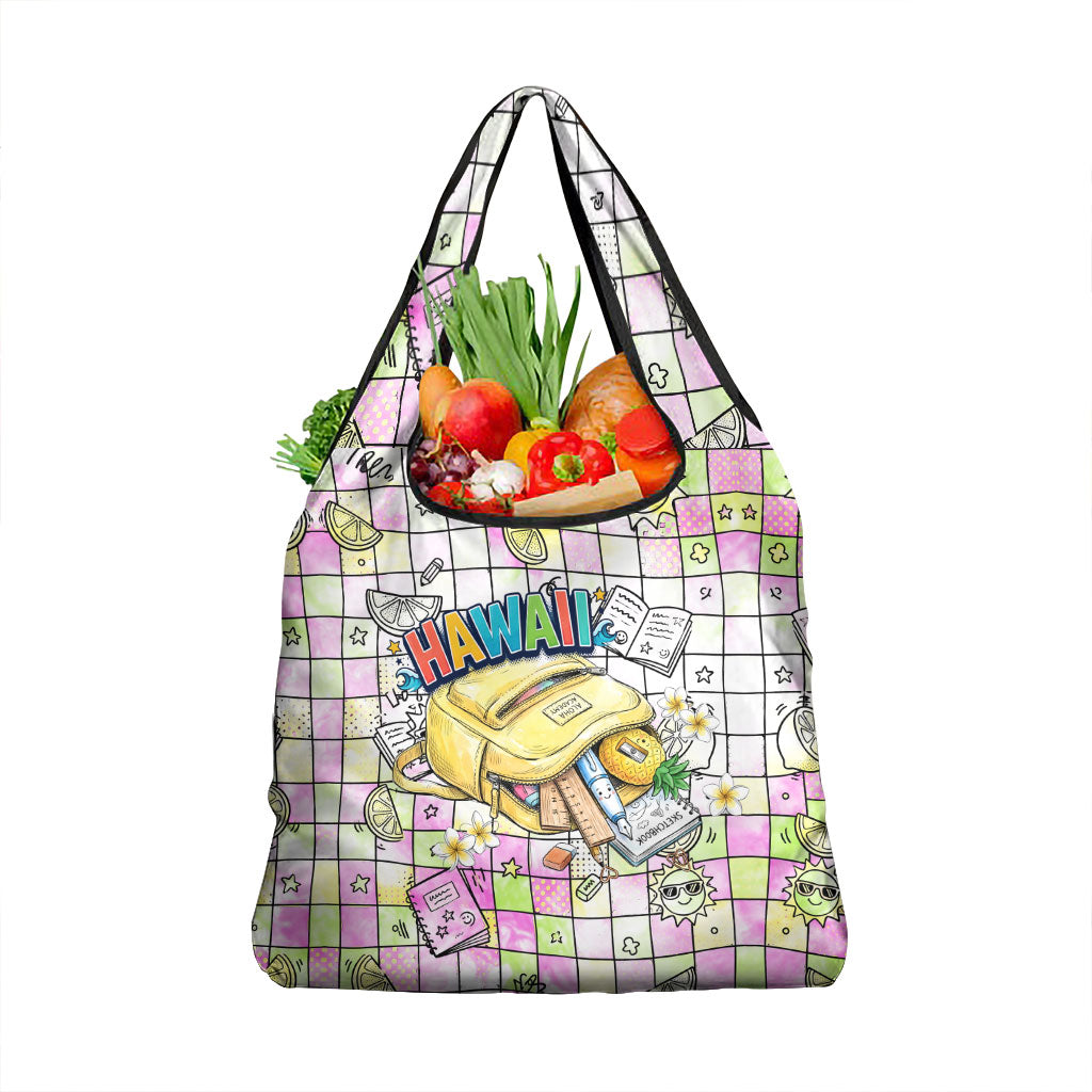 Hawaii Cruising Back To School Grocery Bag Grid Pattern With School Bag And Vintage Surf Van TS04 1-pack One Size White Yellow - Polynesian Pride