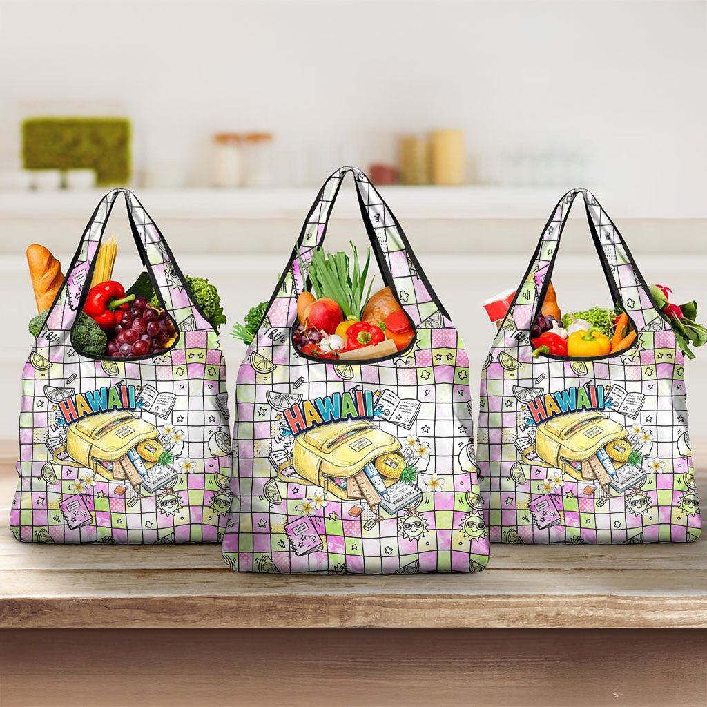 Hawaii Cruising Back To School Grocery Bag Grid Pattern With School Bag And Vintage Surf Van TS04 3-pack One Size White Yellow - Polynesian Pride