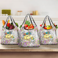 Hawaii Cruising Back To School Grocery Bag Grid Pattern With School Bag And Vintage Surf Van TS04 3-pack One Size White Yellow - Polynesian Pride