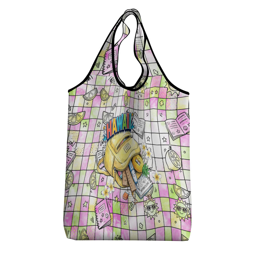 Hawaii Cruising Back To School Grocery Bag Grid Pattern With School Bag And Vintage Surf Van TS04 - Polynesian Pride