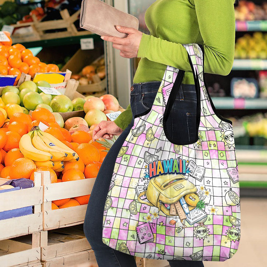 Hawaii Cruising Back To School Grocery Bag Grid Pattern With School Bag And Vintage Surf Van TS04 - Polynesian Pride
