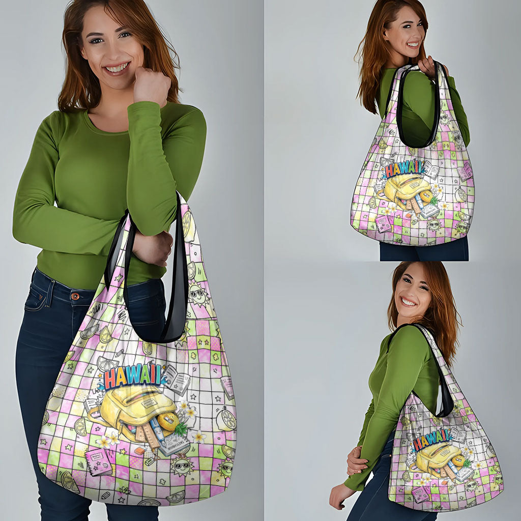 Hawaii Cruising Back To School Grocery Bag Grid Pattern With School Bag And Vintage Surf Van TS04 - Polynesian Pride