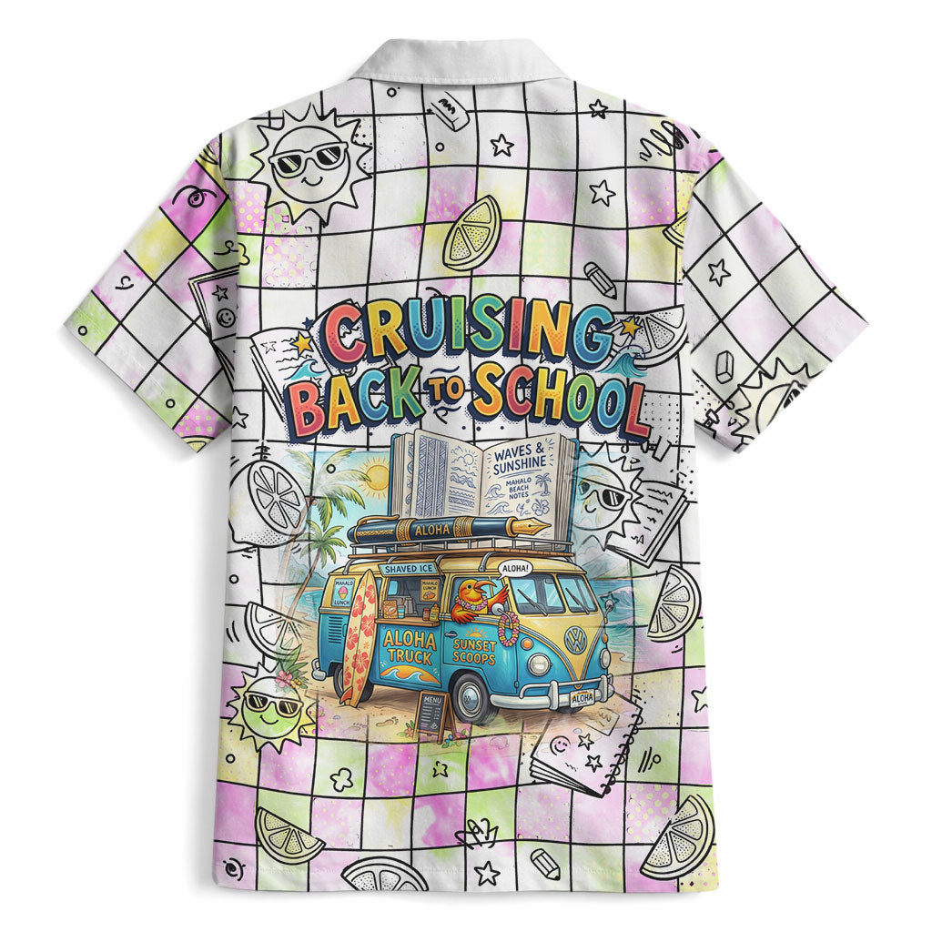 Hawaii Cruising Back To School Hawaiian Shirt Grid Pattern With School Bag And Vintage Surf Van TS04 - Polynesian Pride
