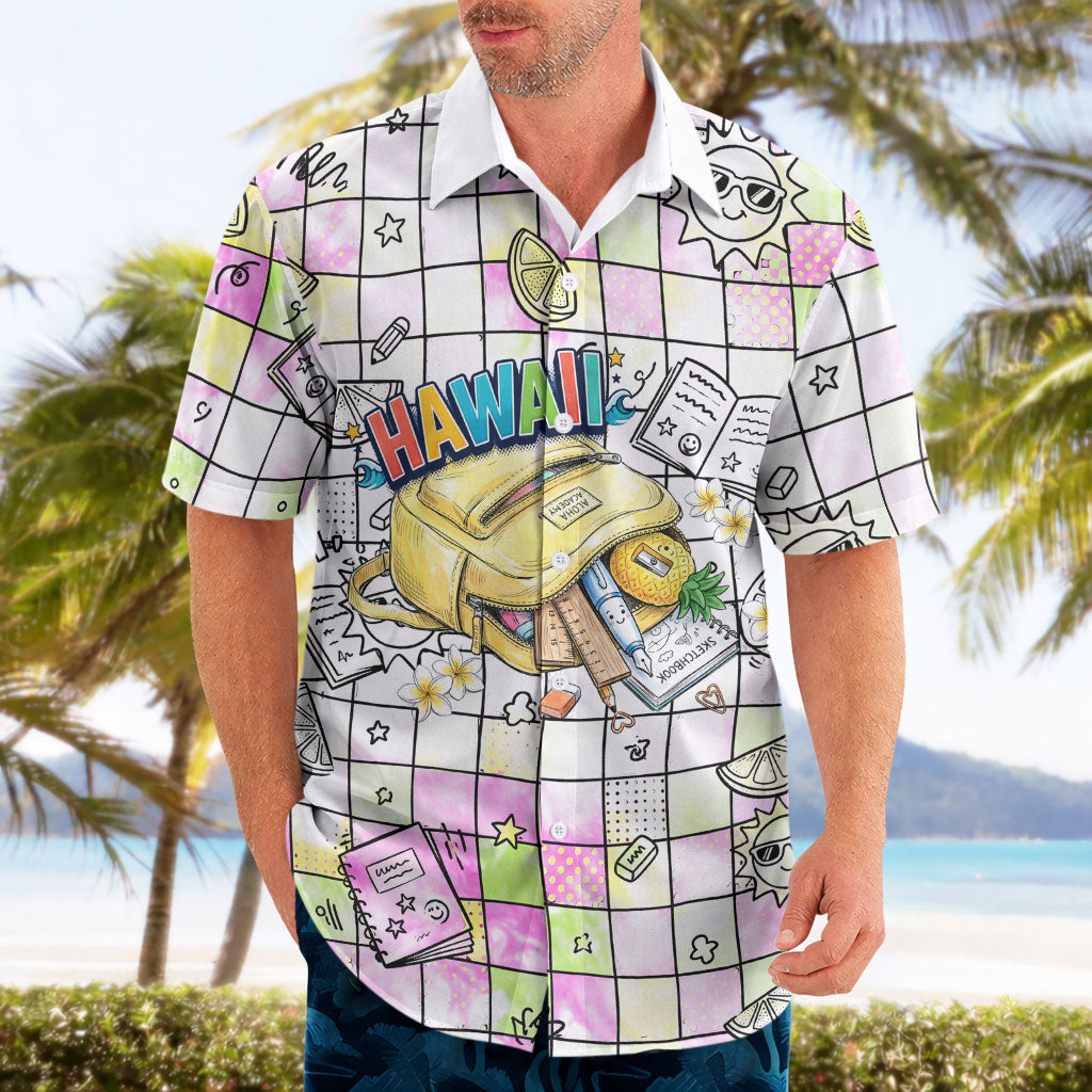 Hawaii Cruising Back To School Hawaiian Shirt Grid Pattern With School Bag And Vintage Surf Van TS04 - Polynesian Pride