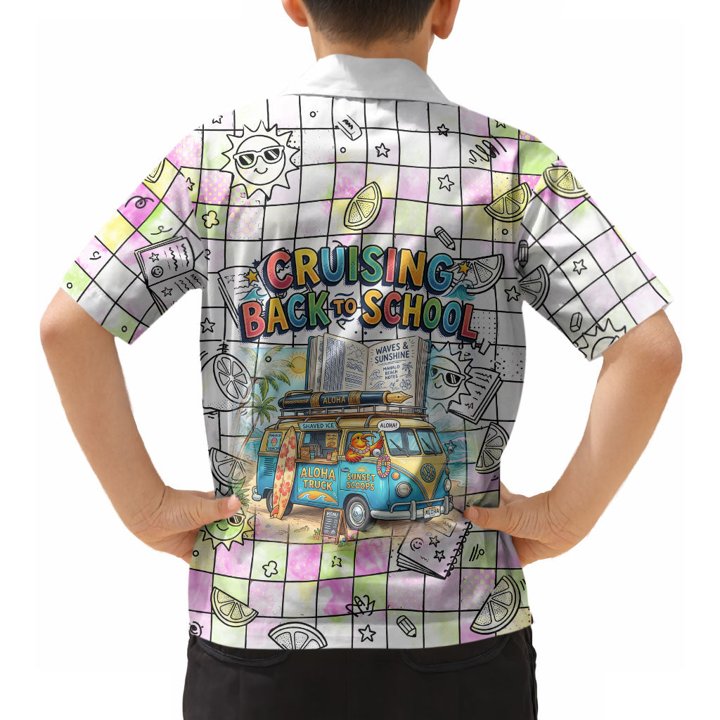 Hawaii Cruising Back To School Hawaiian Shirt Grid Pattern With School Bag And Vintage Surf Van TS04 - Polynesian Pride