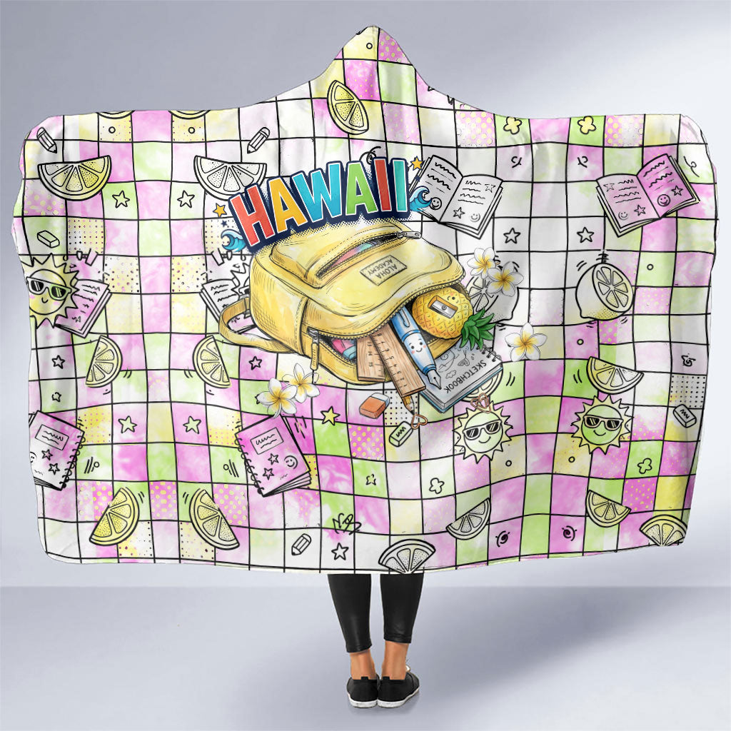 Hawaii Cruising Back To School Hooded Blanket Grid Pattern With School Bag And Vintage Surf Van TS04 One Size White Yellow - Polynesian Pride