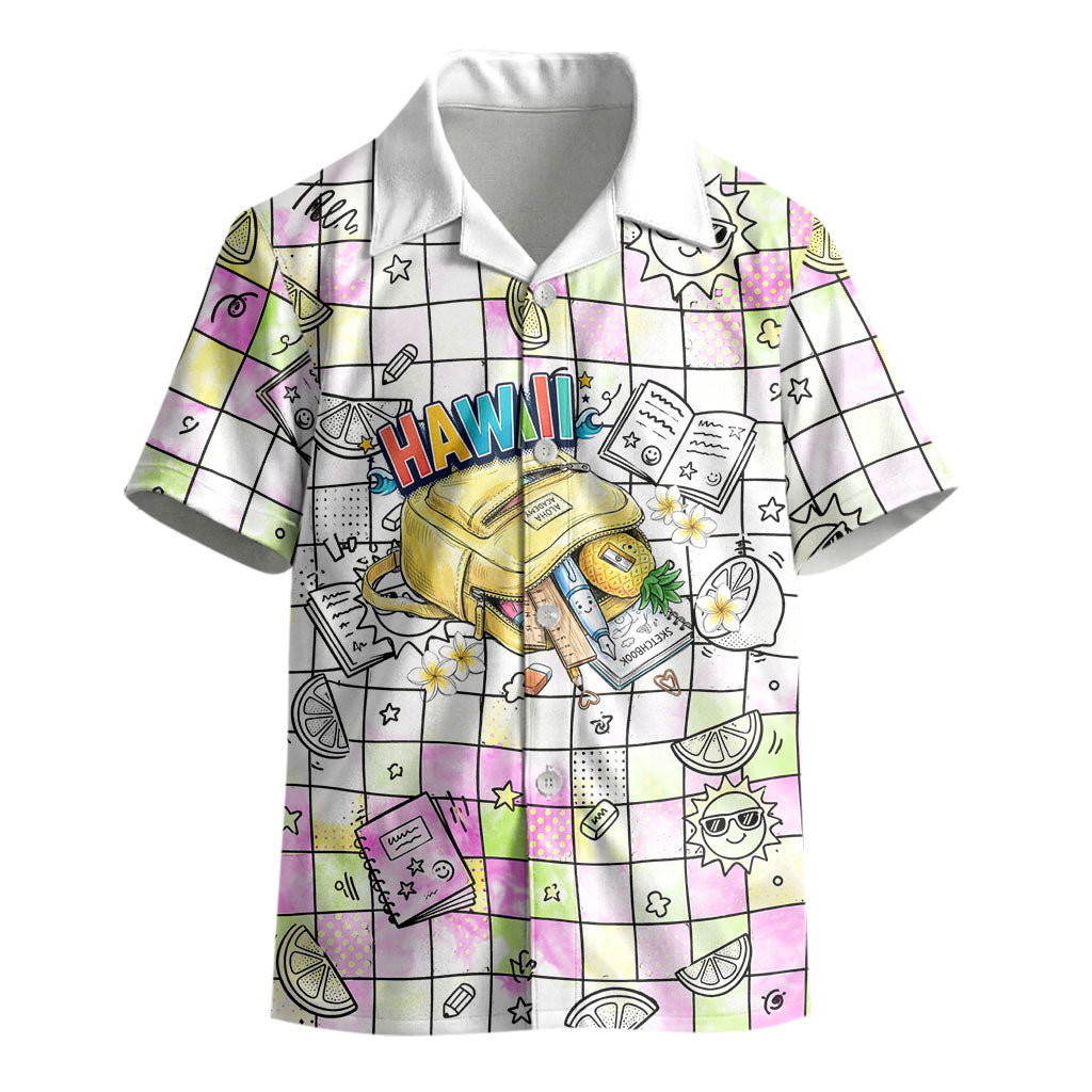 Hawaii Cruising Back To School Kid Hawaiian Shirt Grid Pattern With School Bag And Vintage Surf Van TS04 - Polynesian Pride