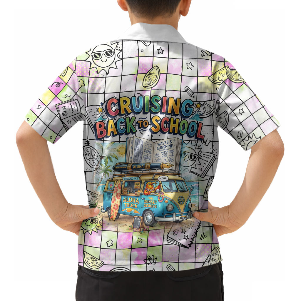 Hawaii Cruising Back To School Kid Hawaiian Shirt Grid Pattern With School Bag And Vintage Surf Van TS04 - Polynesian Pride