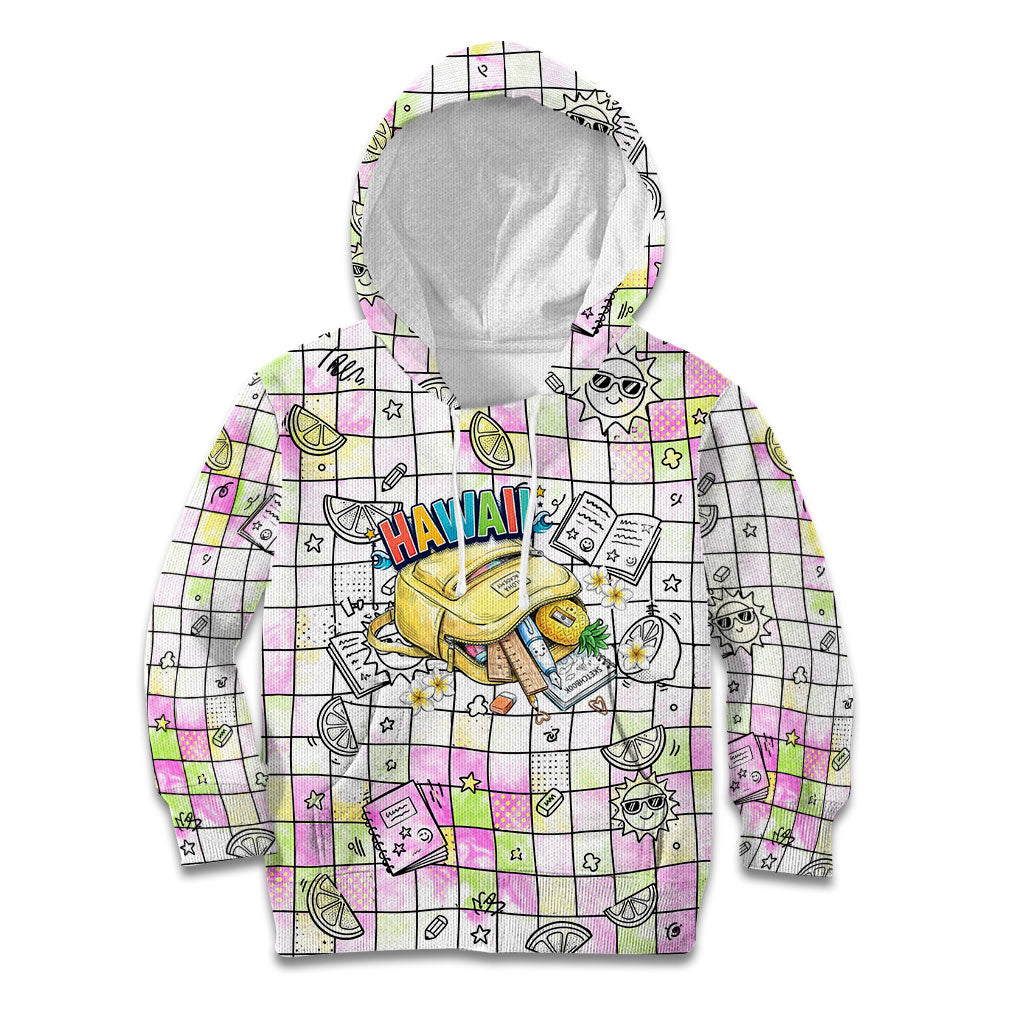 Hawaii Cruising Back To School Kid Hoodie Grid Pattern With School Bag And Vintage Surf Van TS04 Hoodie White Yellow - Polynesian Pride