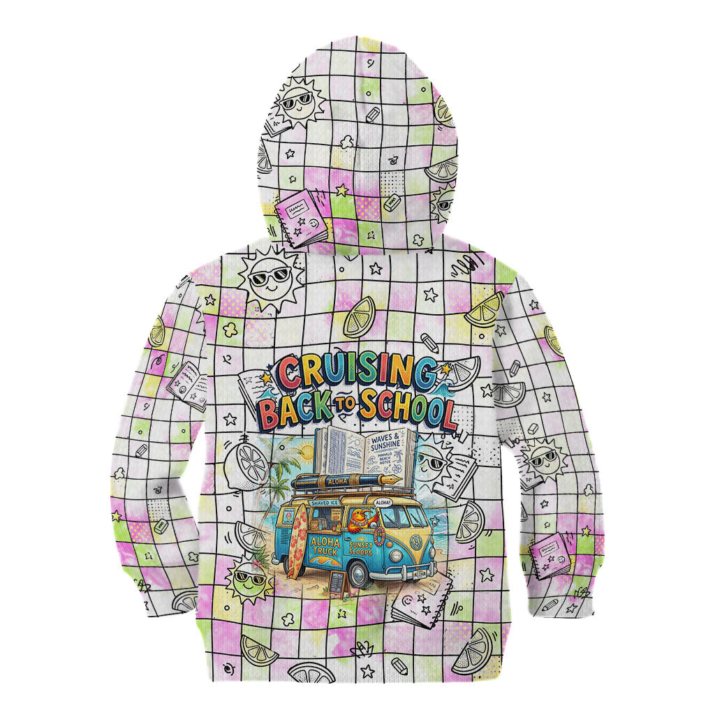 Hawaii Cruising Back To School Kid Hoodie Grid Pattern With School Bag And Vintage Surf Van TS04 - Polynesian Pride