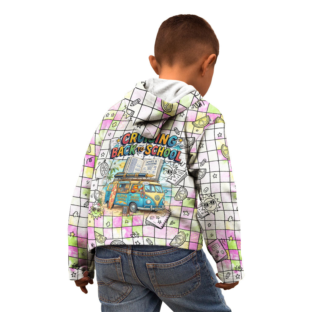 Hawaii Cruising Back To School Kid Hoodie Grid Pattern With School Bag And Vintage Surf Van TS04 - Polynesian Pride