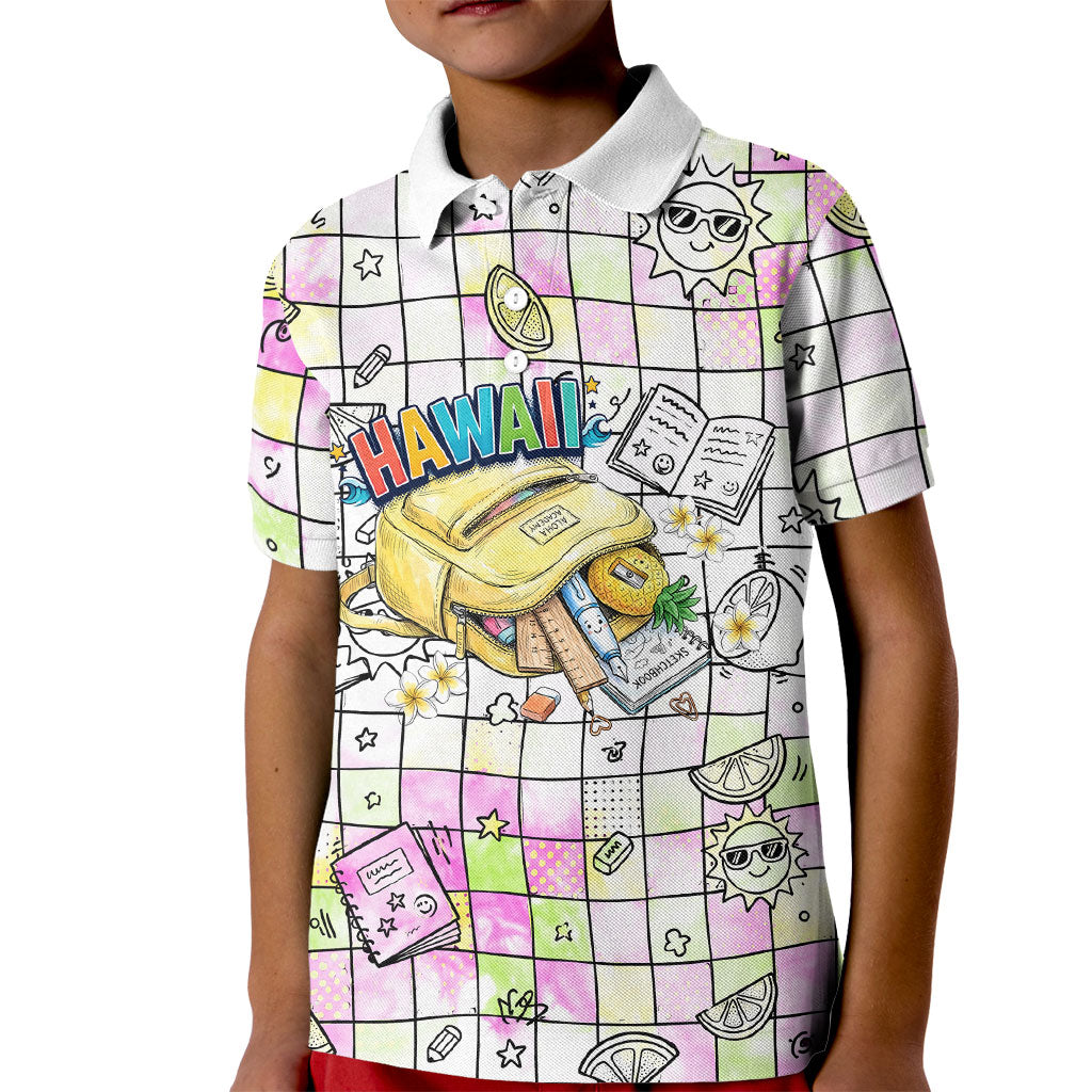 Hawaii Cruising Back To School Kid Polo Shirt Grid Pattern With School Bag And Vintage Surf Van TS04 Kid White Yellow - Polynesian Pride