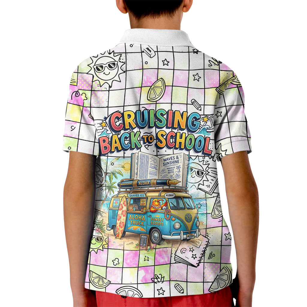 Hawaii Cruising Back To School Kid Polo Shirt Grid Pattern With School Bag And Vintage Surf Van TS04 - Polynesian Pride