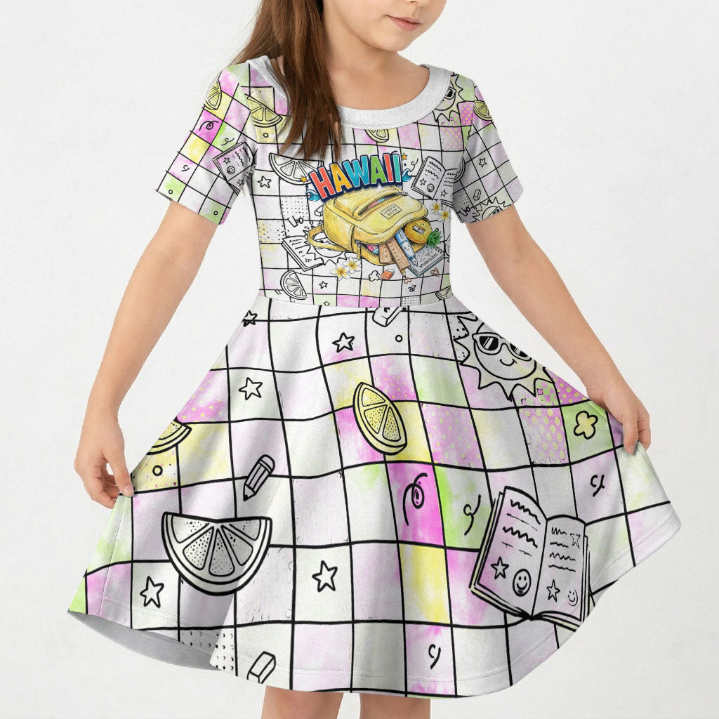 Hawaii Cruising Back To School Kid Short Sleeve Dress Grid Pattern With School Bag And Vintage Surf Van TS04 KID White Yellow - Polynesian Pride