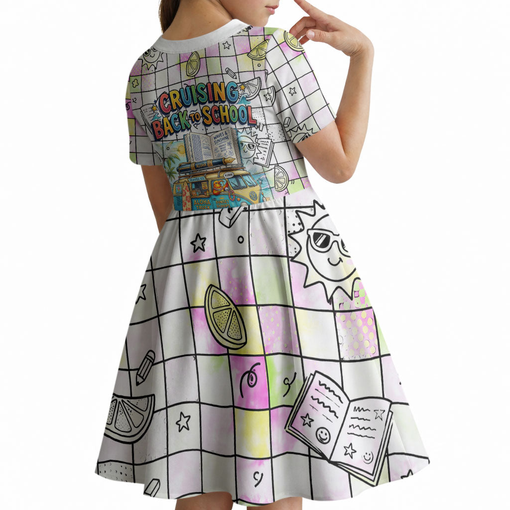 Hawaii Cruising Back To School Kid Short Sleeve Dress Grid Pattern With School Bag And Vintage Surf Van TS04 - Polynesian Pride