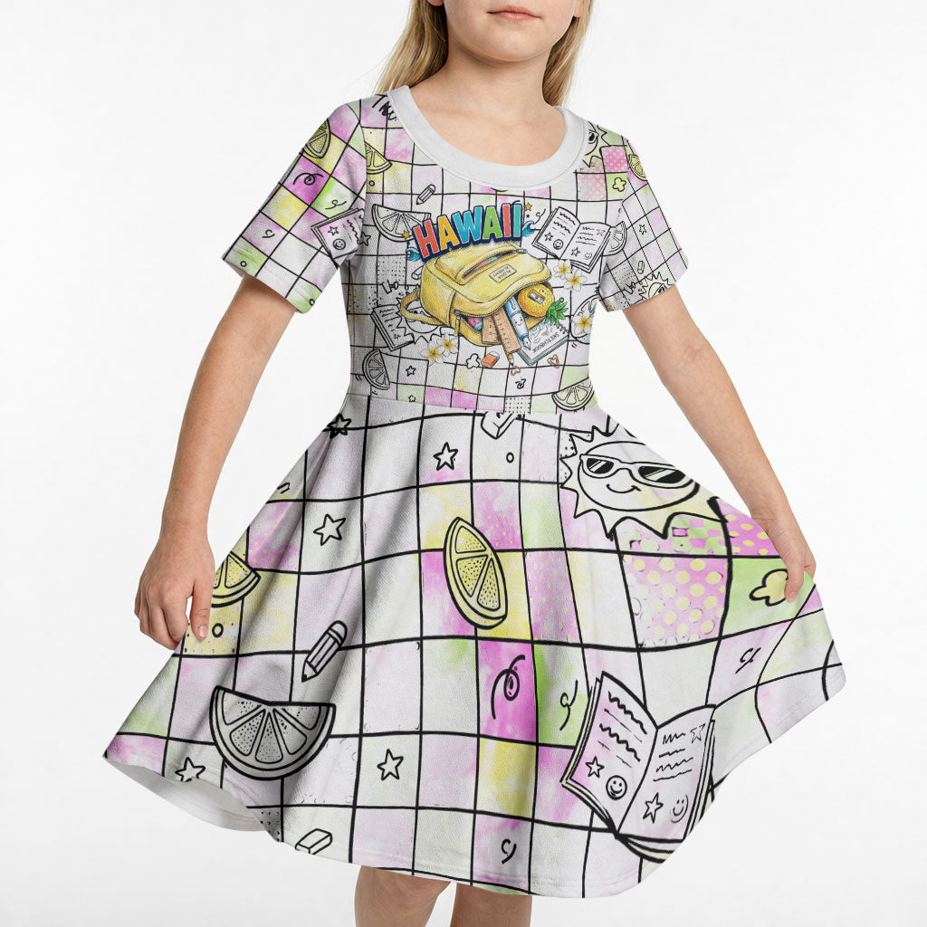 Hawaii Cruising Back To School Kid Short Sleeve Dress Grid Pattern With School Bag And Vintage Surf Van TS04 - Polynesian Pride