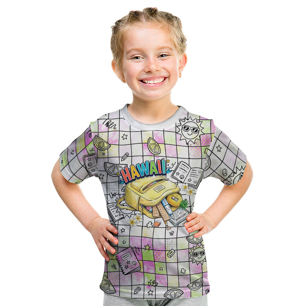 Hawaii Cruising Back To School Kid T Shirt Grid Pattern With School Bag And Vintage Surf Van TS04 White Yellow - Polynesian Pride
