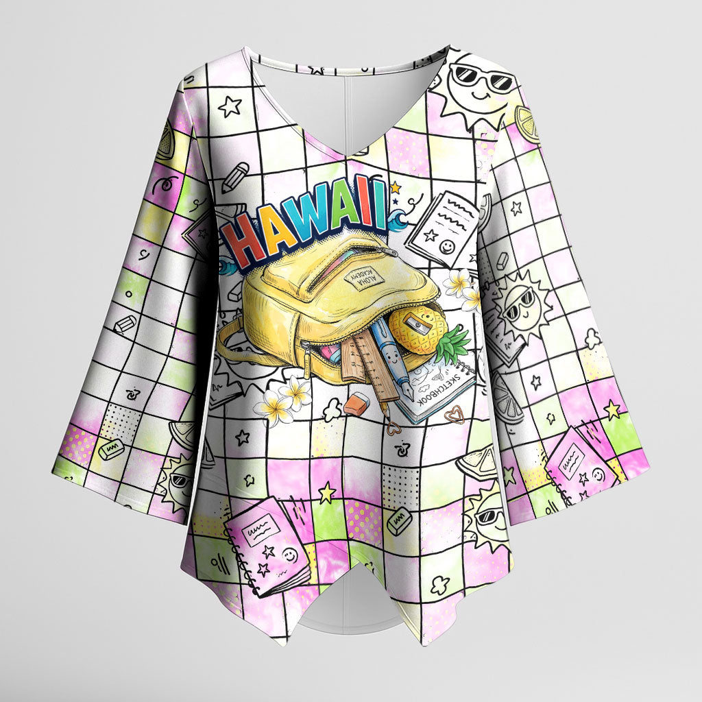 Hawaii Cruising Back To School Kimono Sleeve Blouse Grid Pattern With School Bag And Vintage Surf Van TS04 Female White Yellow - Polynesian Pride