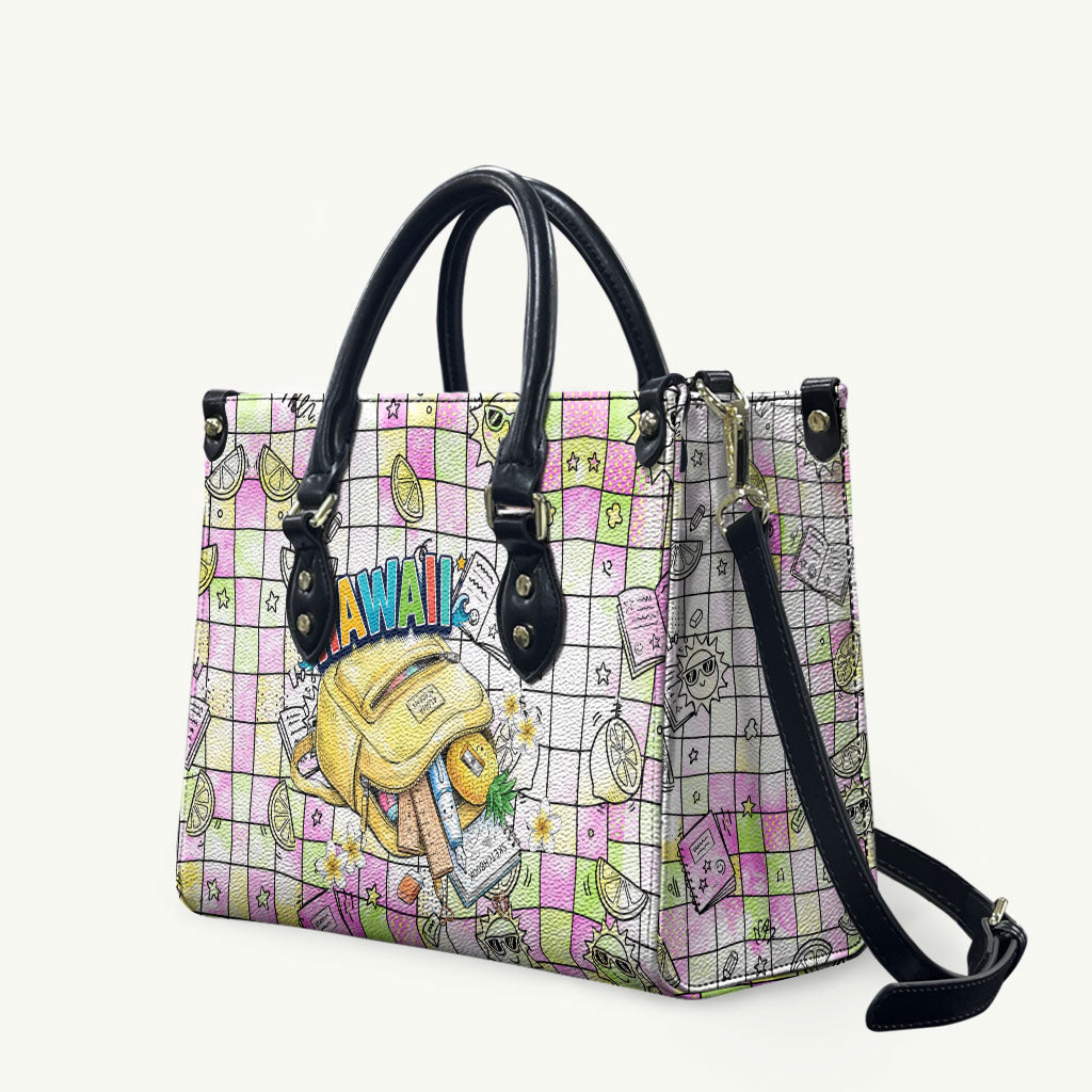 Hawaii Cruising Back To School Leather Bag Grid Pattern With School Bag And Vintage Surf Van TS04 White Yellow - Polynesian Pride