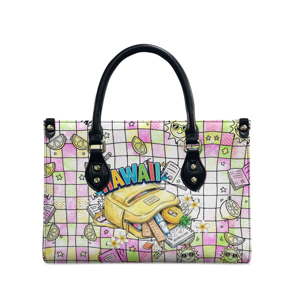 Hawaii Cruising Back To School Leather Bag Grid Pattern With School Bag And Vintage Surf Van TS04 - Polynesian Pride