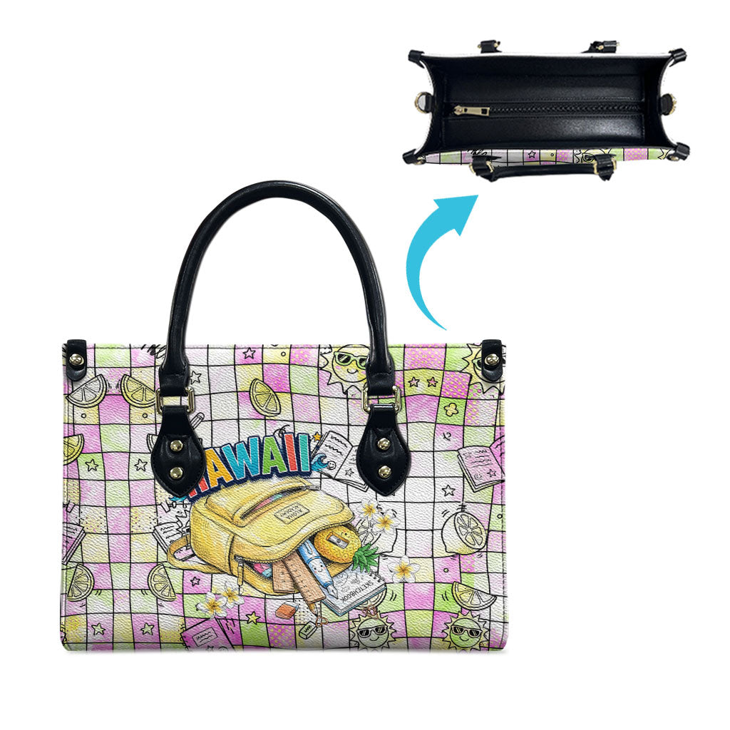 Hawaii Cruising Back To School Leather Bag Grid Pattern With School Bag And Vintage Surf Van TS04 - Polynesian Pride