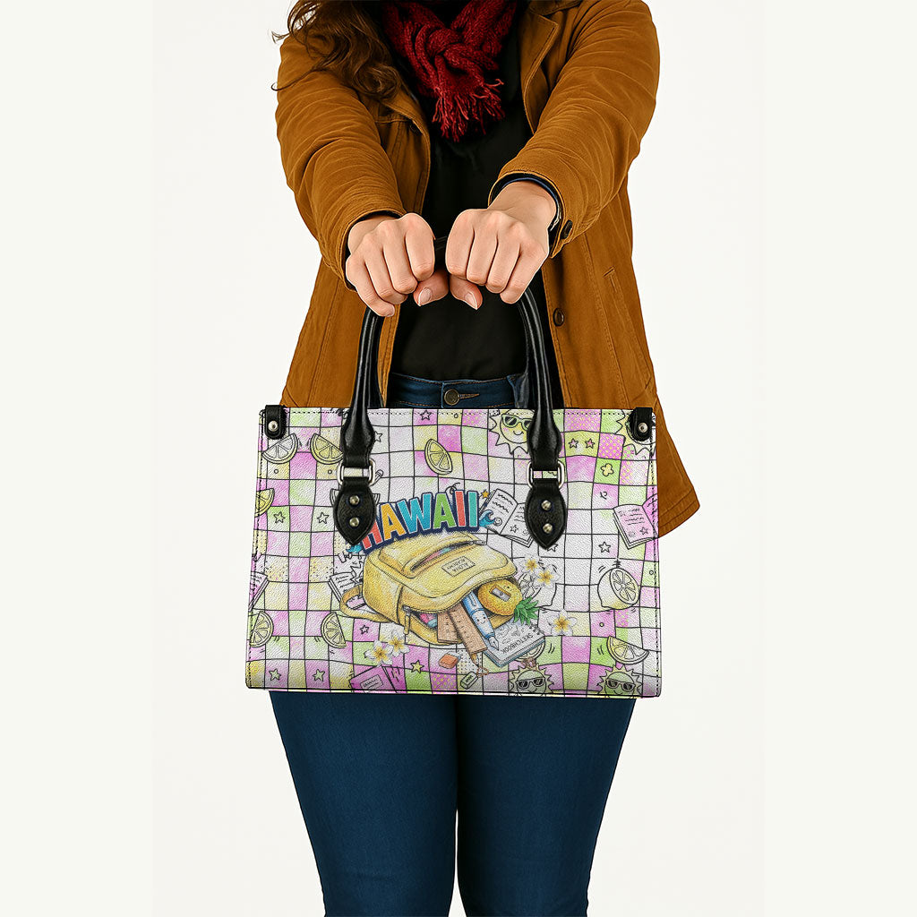 Hawaii Cruising Back To School Leather Bag Grid Pattern With School Bag And Vintage Surf Van TS04 - Polynesian Pride