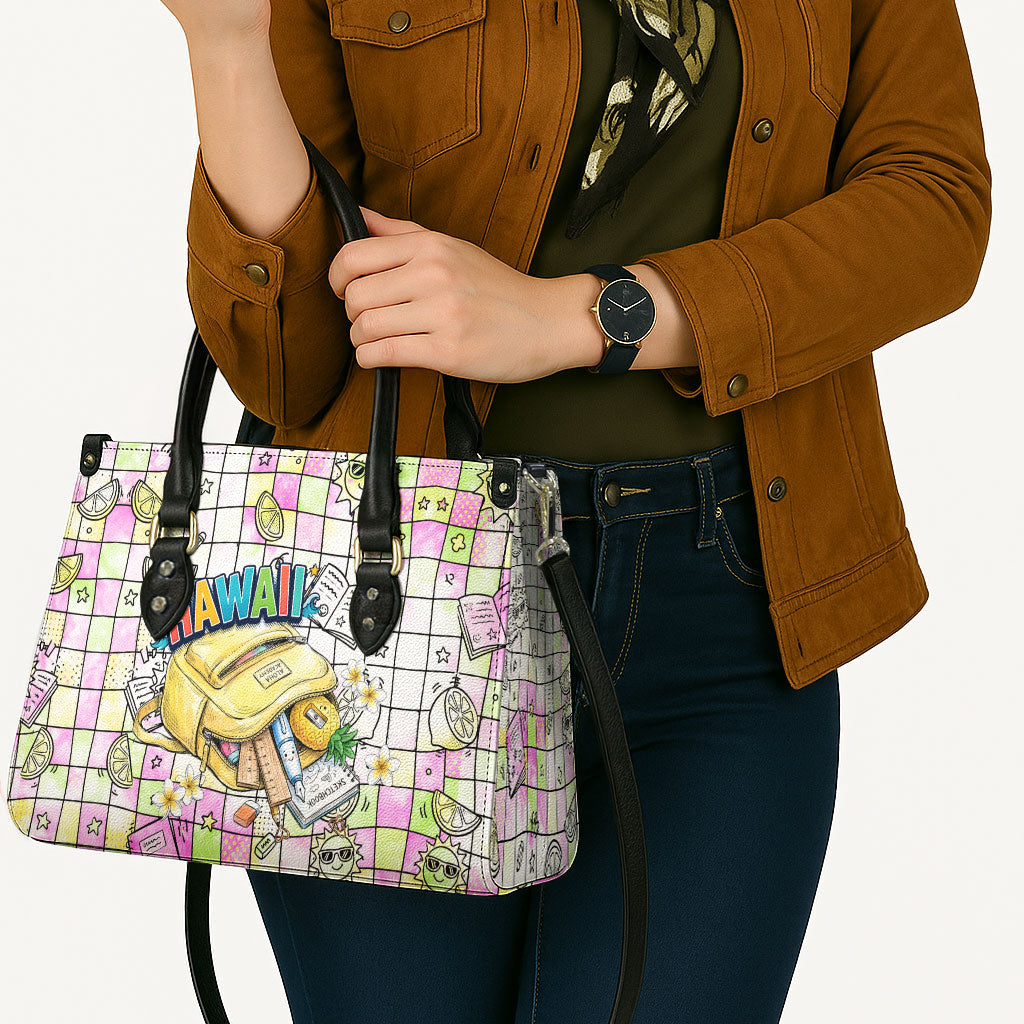 Hawaii Cruising Back To School Leather Bag Grid Pattern With School Bag And Vintage Surf Van TS04 - Polynesian Pride