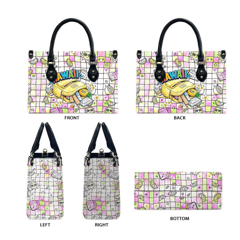 Hawaii Cruising Back To School Leather Bag Grid Pattern With School Bag And Vintage Surf Van TS04 - Polynesian Pride