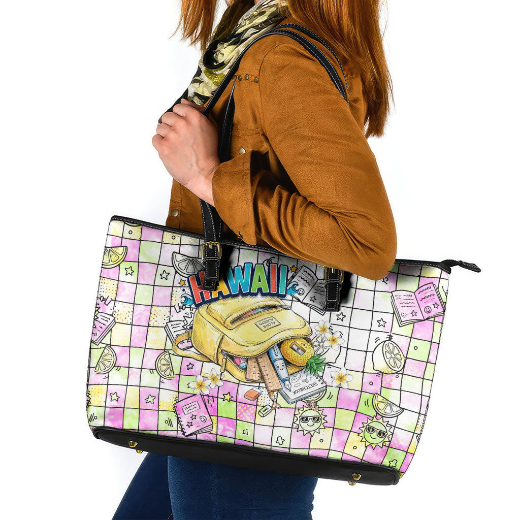 Hawaii Cruising Back To School Leather Tote Bag Grid Pattern With School Bag And Vintage Surf Van TS04 White Yellow - Polynesian Pride