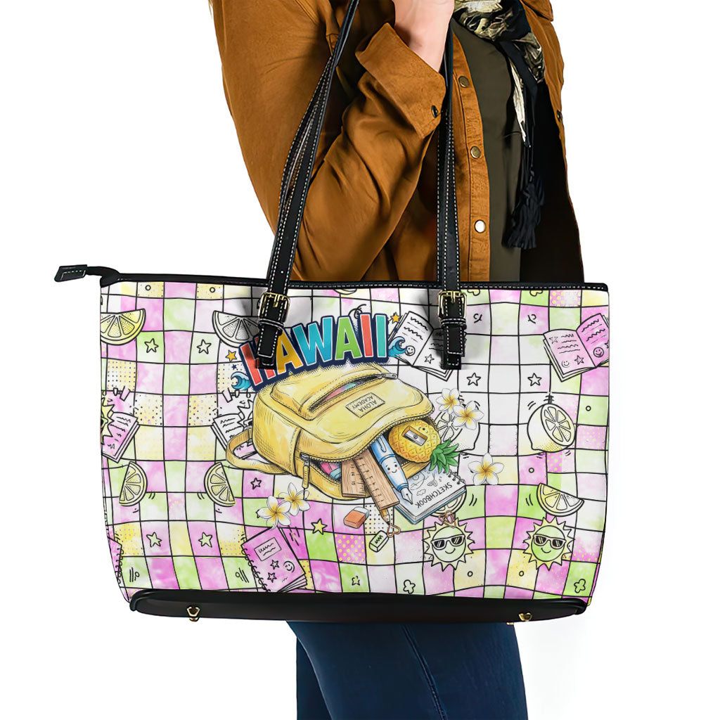 Hawaii Cruising Back To School Leather Tote Bag Grid Pattern With School Bag And Vintage Surf Van TS04 - Polynesian Pride