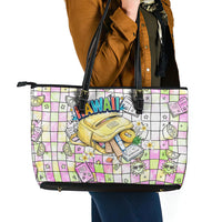 Hawaii Cruising Back To School Leather Tote Bag Grid Pattern With School Bag And Vintage Surf Van TS04 - Polynesian Pride