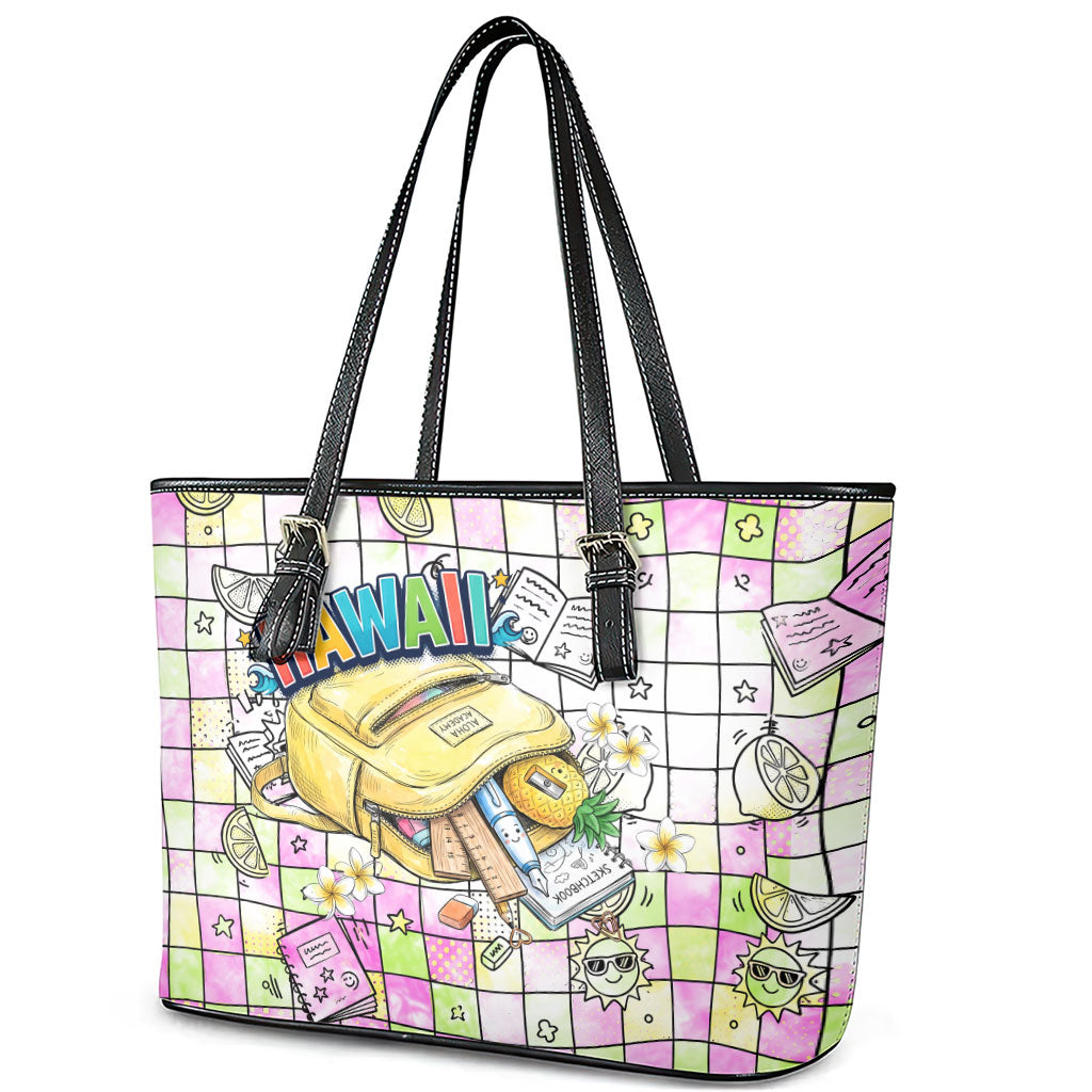 Hawaii Cruising Back To School Leather Tote Bag Grid Pattern With School Bag And Vintage Surf Van TS04 - Polynesian Pride