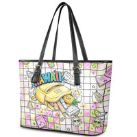 Hawaii Cruising Back To School Leather Tote Bag Grid Pattern With School Bag And Vintage Surf Van TS04 - Polynesian Pride