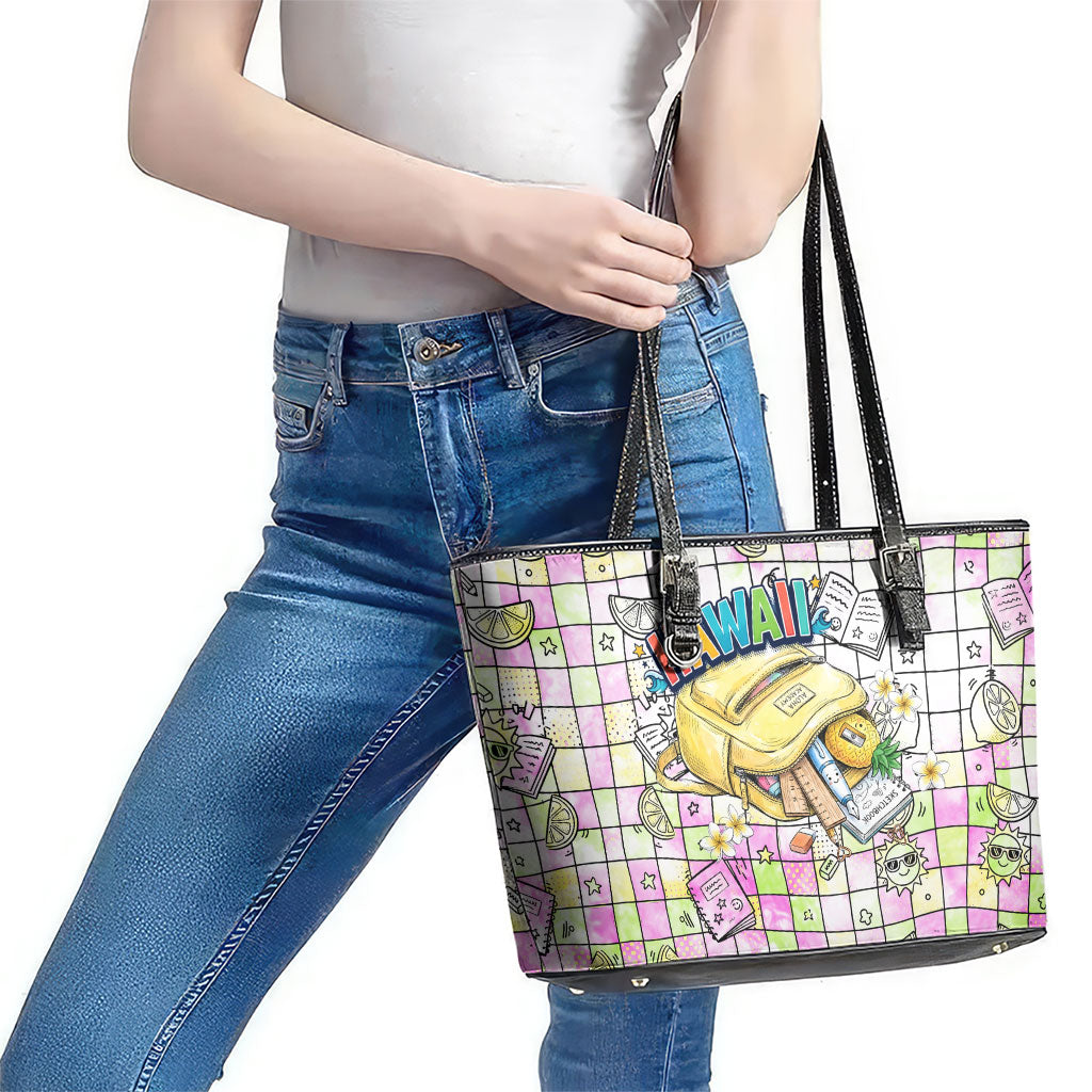 Hawaii Cruising Back To School Leather Tote Bag Grid Pattern With School Bag And Vintage Surf Van TS04 - Polynesian Pride