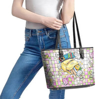 Hawaii Cruising Back To School Leather Tote Bag Grid Pattern With School Bag And Vintage Surf Van TS04 - Polynesian Pride