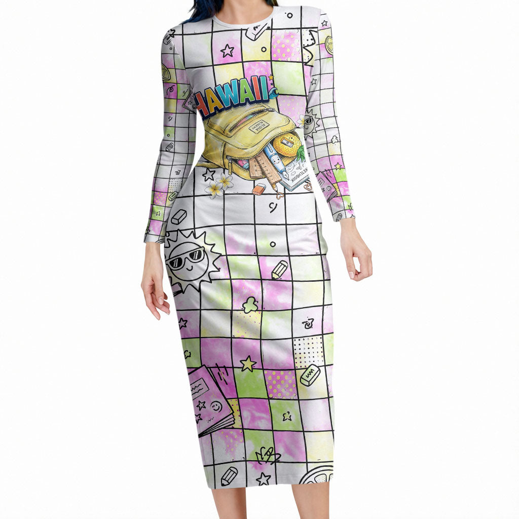 Hawaii Cruising Back To School Long Sleeve Bodycon Dress Grid Pattern With School Bag And Vintage Surf Van TS04 Long Dress White Yellow - Polynesian Pride