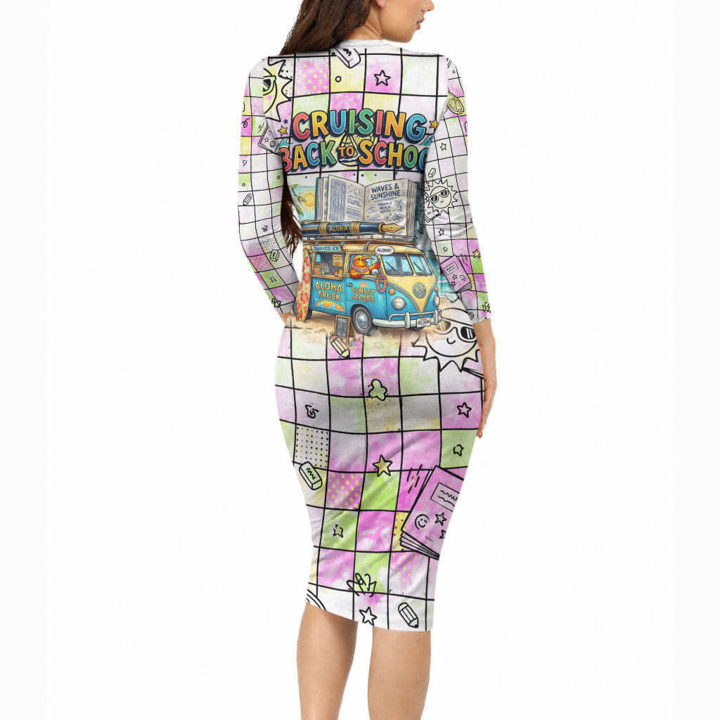 Hawaii Cruising Back To School Long Sleeve Bodycon Dress Grid Pattern With School Bag And Vintage Surf Van TS04 - Polynesian Pride