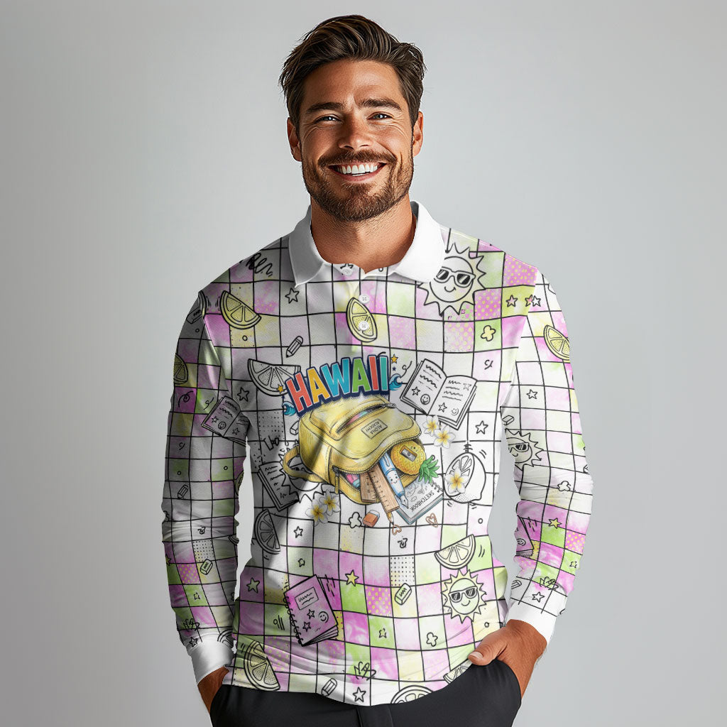 Hawaii Cruising Back To School Long Sleeve Polo Shirt Grid Pattern With School Bag And Vintage Surf Van TS04 - Polynesian Pride