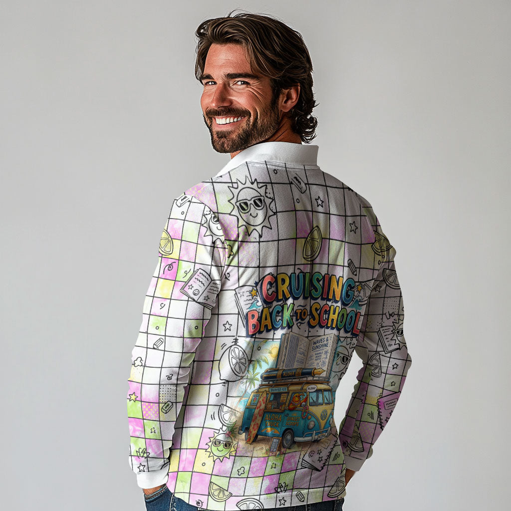 Hawaii Cruising Back To School Long Sleeve Polo Shirt Grid Pattern With School Bag And Vintage Surf Van TS04 - Polynesian Pride
