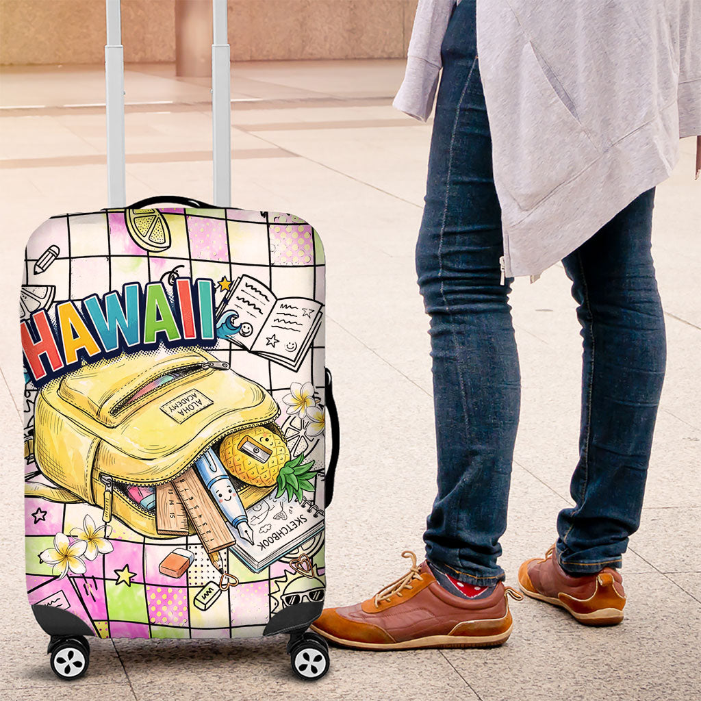 Hawaii Cruising Back To School Luggage Cover Grid Pattern With School Bag And Vintage Surf Van TS04 White Yellow - Polynesian Pride