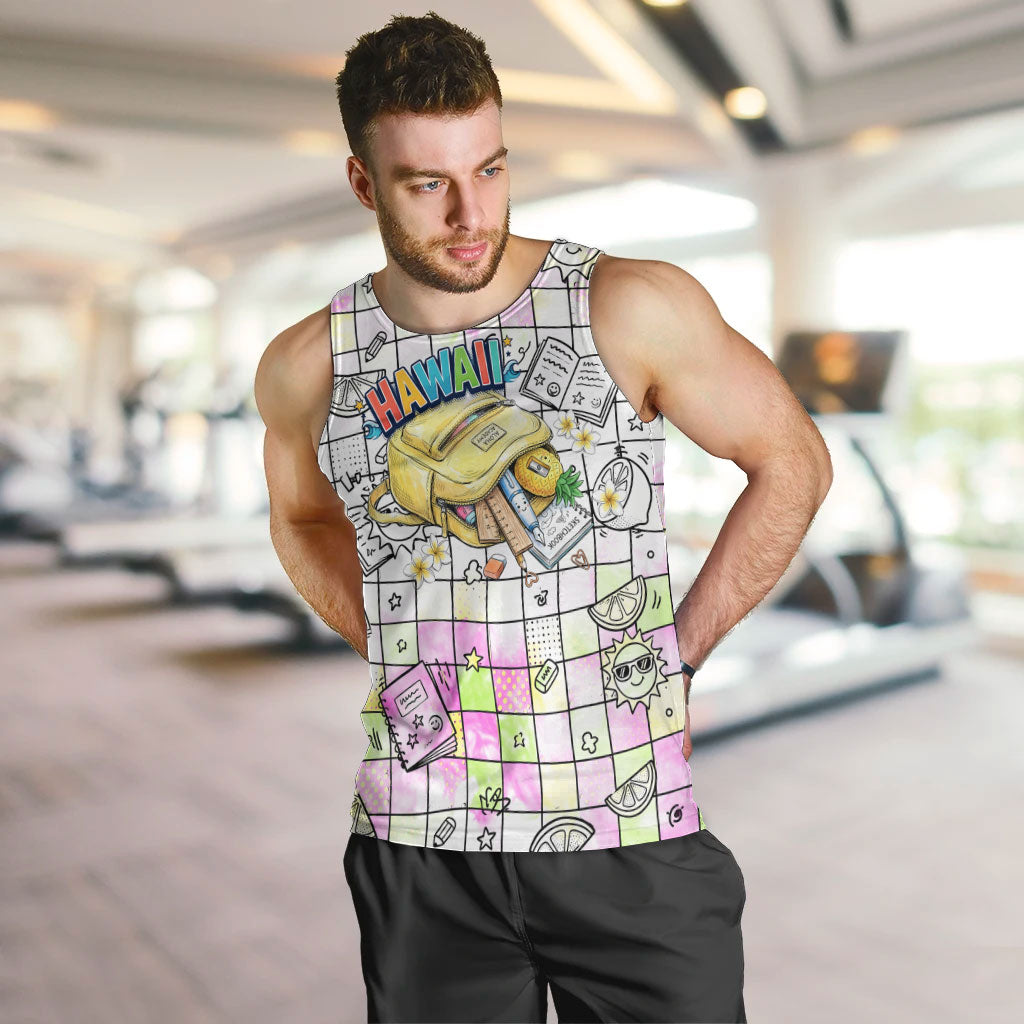 Hawaii Cruising Back To School Men Tank Top Grid Pattern With School Bag And Vintage Surf Van TS04 White Yellow - Polynesian Pride