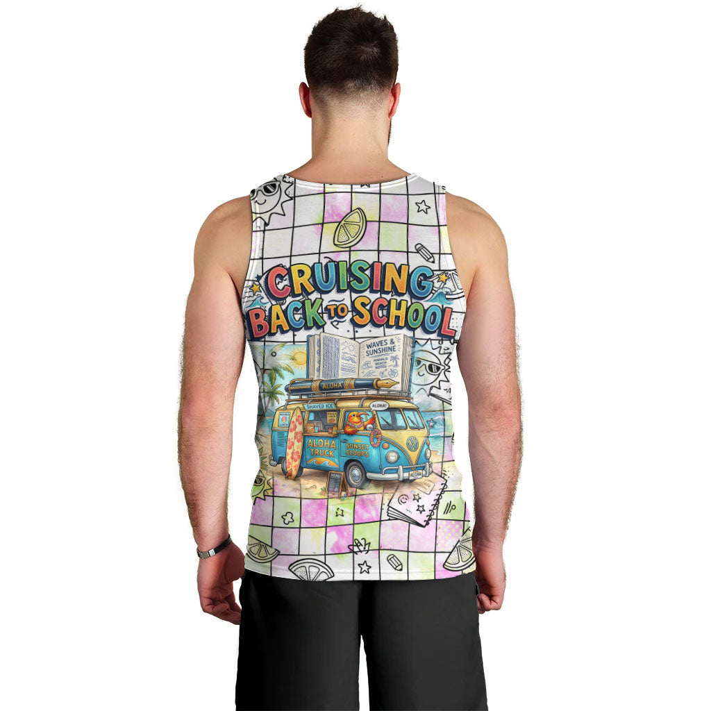 Hawaii Cruising Back To School Men Tank Top Grid Pattern With School Bag And Vintage Surf Van TS04 - Polynesian Pride