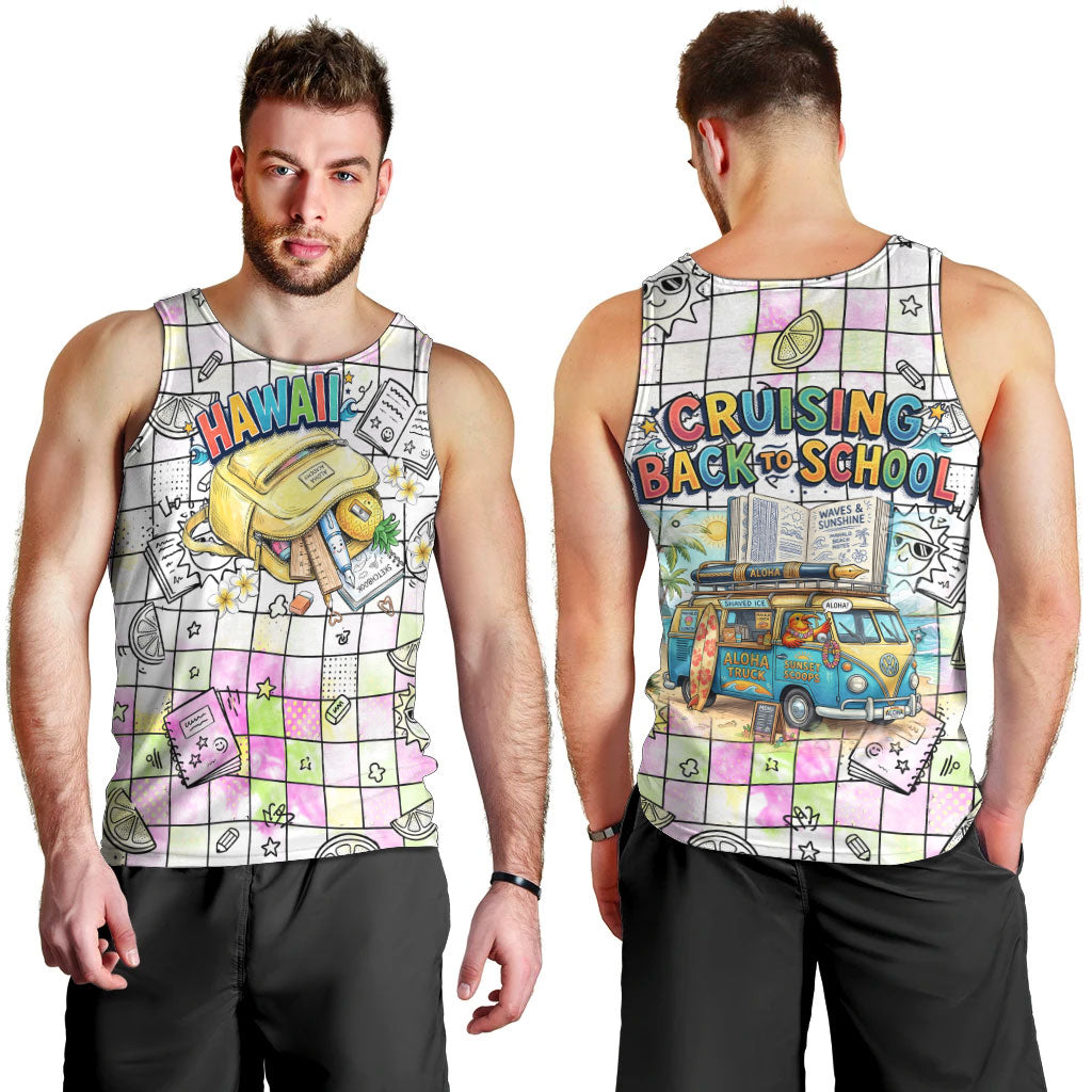 Hawaii Cruising Back To School Men Tank Top Grid Pattern With School Bag And Vintage Surf Van TS04 - Polynesian Pride