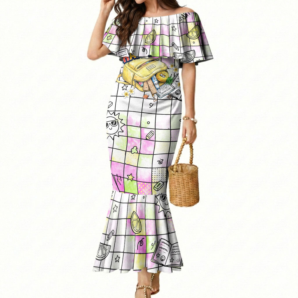 Hawaii Cruising Back To School Mermaid Dress Grid Pattern With School Bag And Vintage Surf Van TS04 Women White Yellow - Polynesian Pride