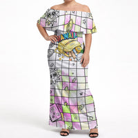 Hawaii Cruising Back To School Off Shoulder Maxi Dress Grid Pattern With School Bag And Vintage Surf Van TS04 Women White Yellow - Polynesian Pride