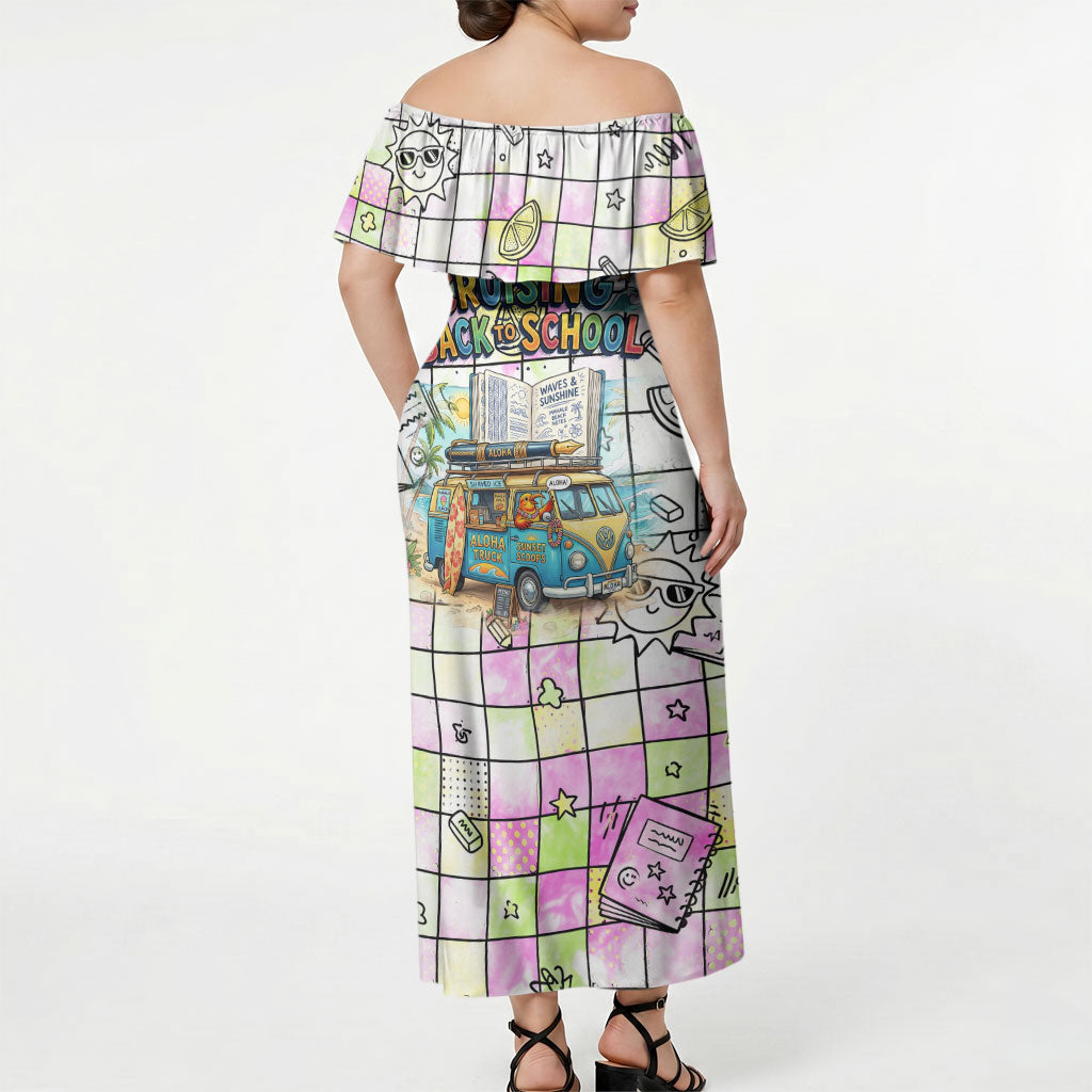 Hawaii Cruising Back To School Off Shoulder Maxi Dress Grid Pattern With School Bag And Vintage Surf Van TS04 - Polynesian Pride