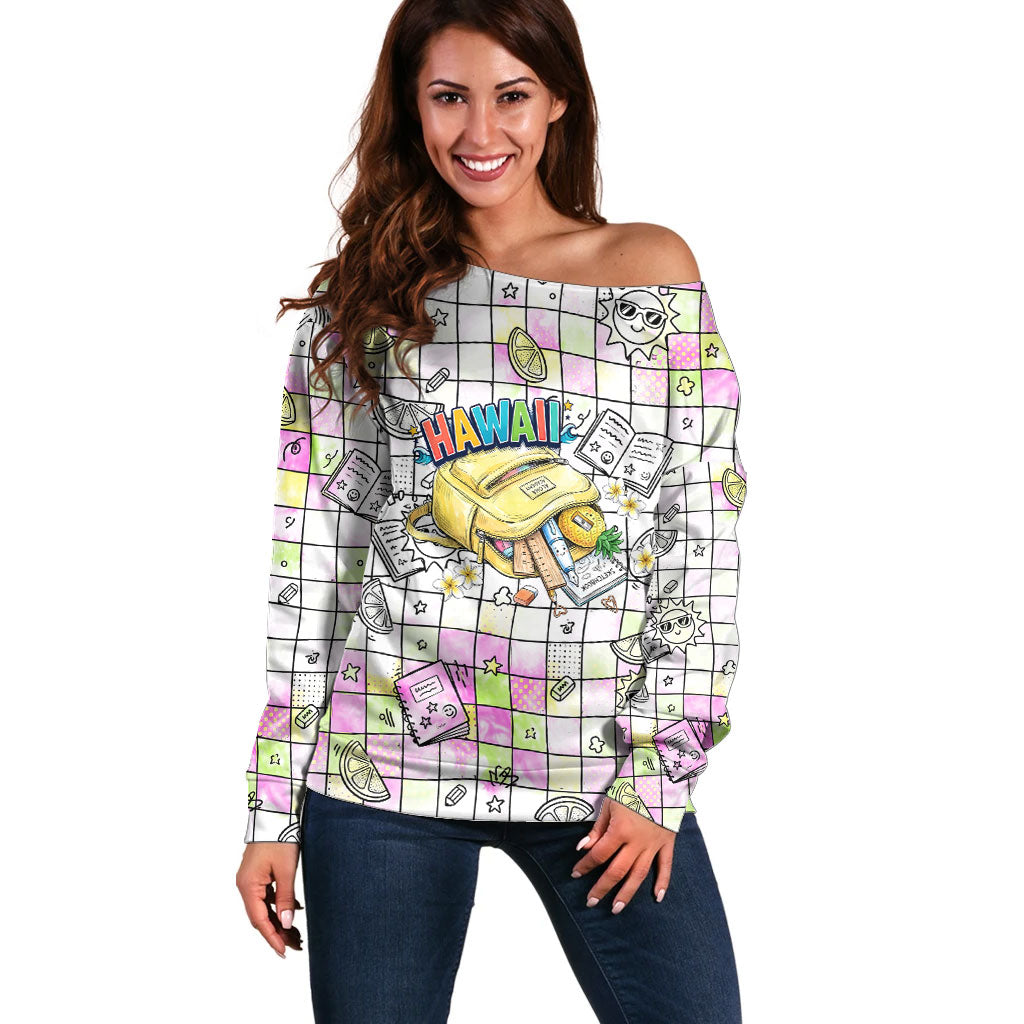 Hawaii Cruising Back To School Off Shoulder Sweater Grid Pattern With School Bag And Vintage Surf Van TS04 Women White Yellow - Polynesian Pride