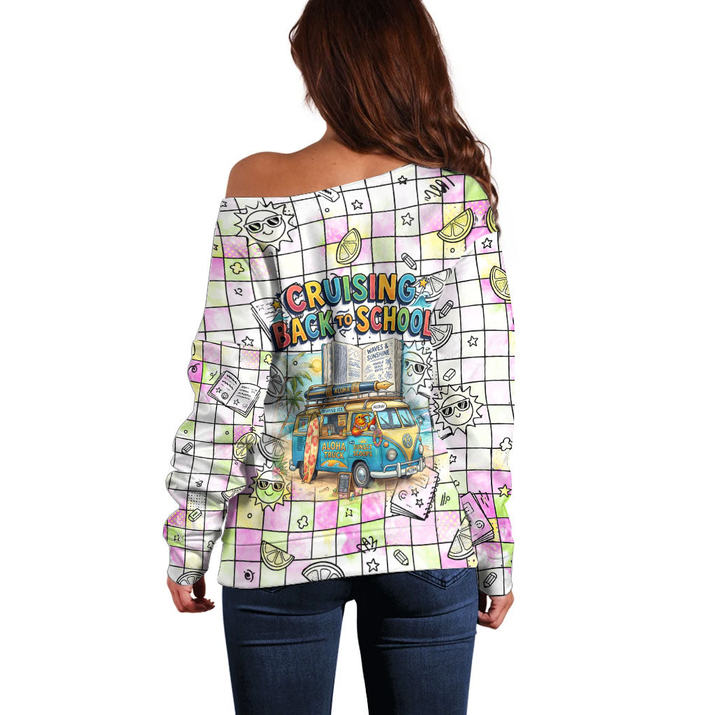 Hawaii Cruising Back To School Off Shoulder Sweater Grid Pattern With School Bag And Vintage Surf Van TS04 - Polynesian Pride